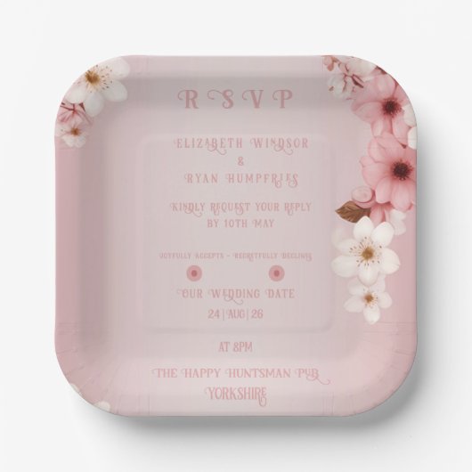 エレガントフローラブロッサム結婚式招待状デザイン ペーパープレート (正面)