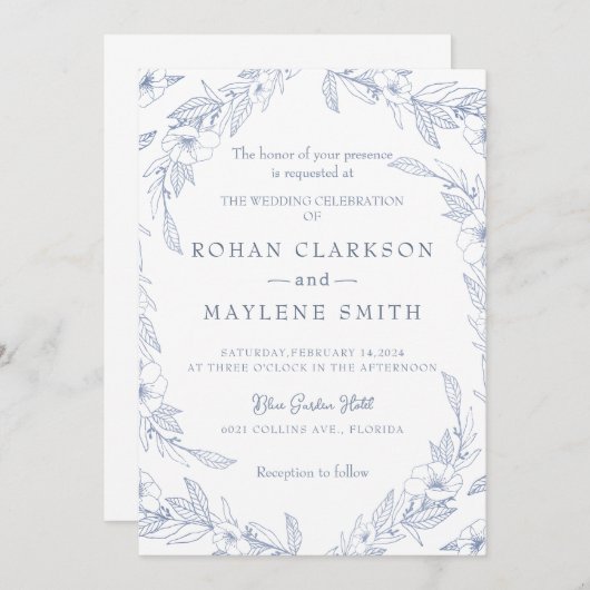 エレガントフローラブ淡い色のルー結婚式招待状 招待状 (正面/裏面)