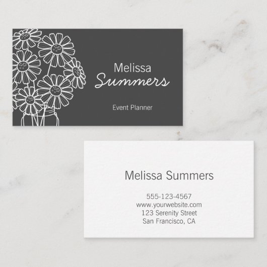 エレガントフローラホワイトデイジーオンダークグレー 名刺 (正面/裏面)