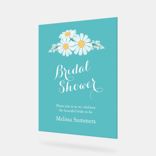 エレガントフローラホワイトデイジーブライダルシャワーティール（緑がかった色） アクリルサイン (傾斜)