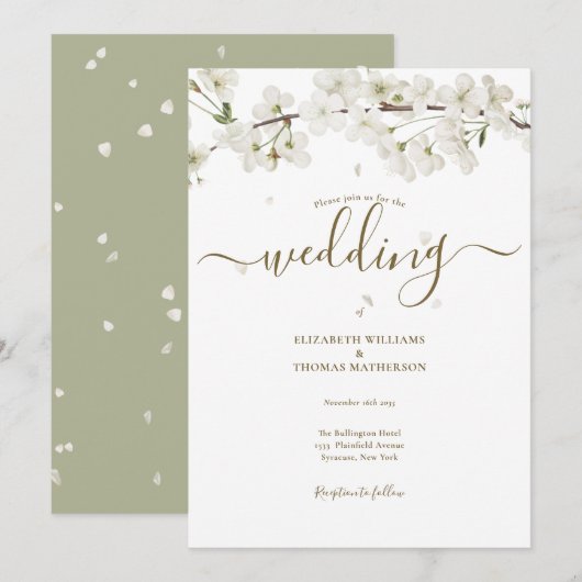 エレガントフローラホワイトブロッサム結婚スクリプト 招待状 (正面/裏面)