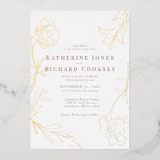 エレガントフローラホワ結婚イト金ゴールド 箔招待状 (正面)