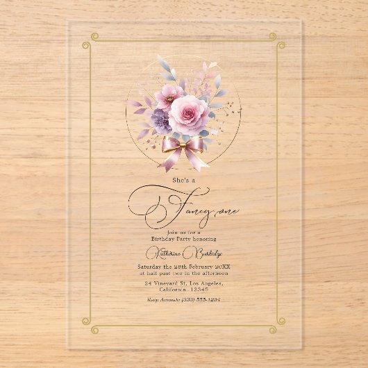 エレガントフローラボウファンシーワン第1の誕生日 アクリル招待状 (正面)