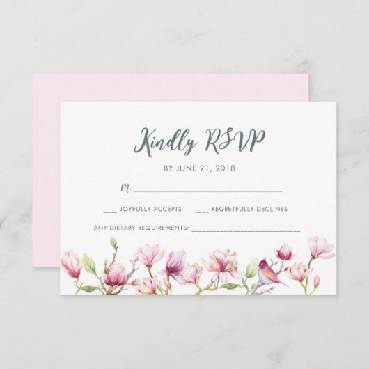 エレガントフローラマグノリア水色RSVPカード 招待状 (正面/裏面)