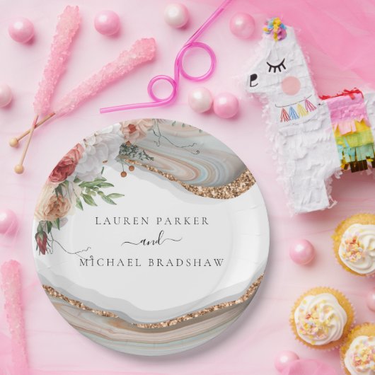 エレガントフローラマーブルグリッター結婚ズラグジュアリー ペーパープレート (パーティー)