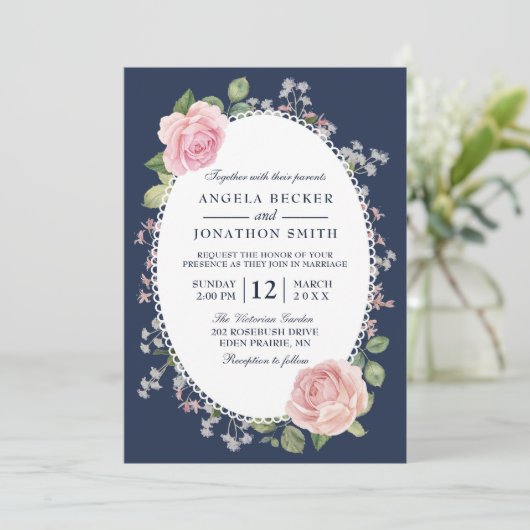 エレガントフローラミッドナイトブルーとピンク結婚ズ 招待状 (スタンド正面)