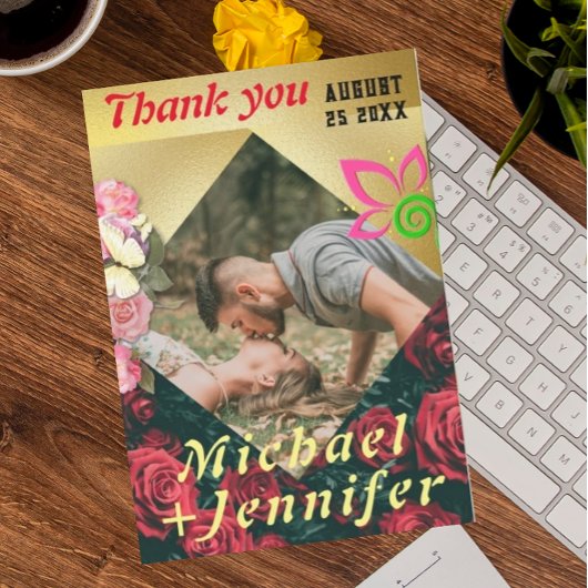 エレガントフローラミニマカスタムリスト写真結婚の サンキューカード