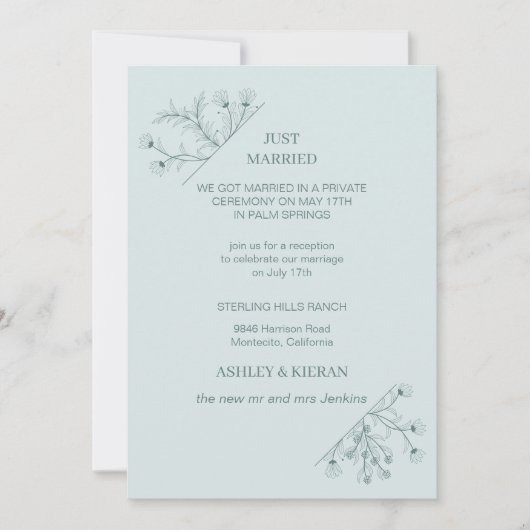 エレガントフローラモダンティール（緑がかった色）たった今結婚しました 招待状 (正面)