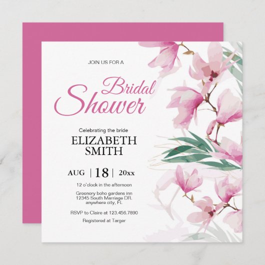 エレガントフローラモダンピンクグリーンブライダルシャワー 招待状 (正面/裏面)
