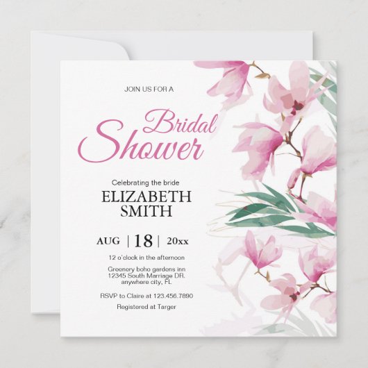 エレガントフローラモダンピンクグリーンブライダルシャワー 招待状 (正面)