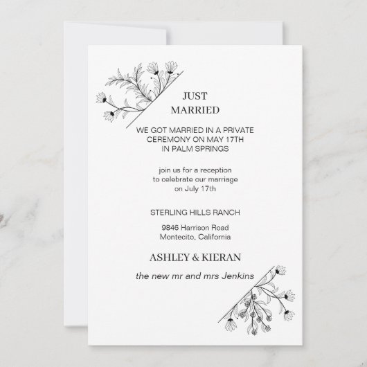 エレガントフローラモダン白黒たった今結婚しました 招待状 (正面)