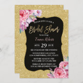 エレガントフローラモダン金ゴールドグリッターブライダルシャワー 招待状 (正面/裏面)