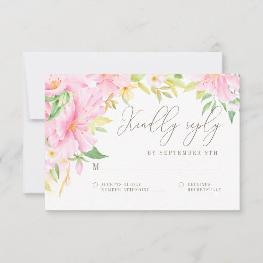エレガントフローラモノグラム水カラー結婚ピンク 出欠カード (正面)
