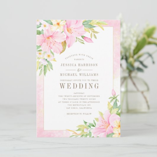 エレガントフローラモノグラム水カラー結婚ピンク 招待状 (スタンド正面)