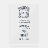 エレガントフローラモノグラム結婚クレストの歓迎サイン アクリルサイン (正面)