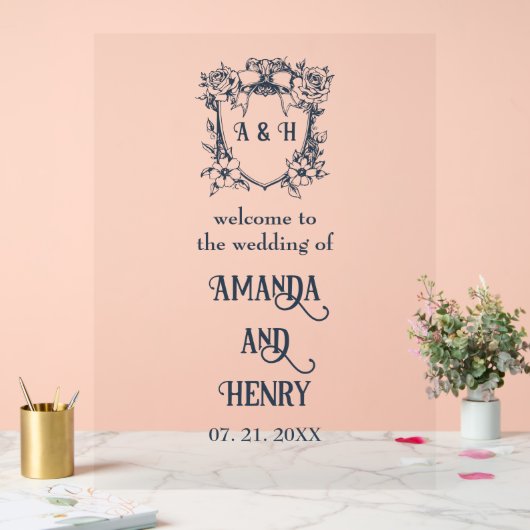 エレガントフローラモノグラム結婚クレストの歓迎サイン アクリルサイン (ウェディング)