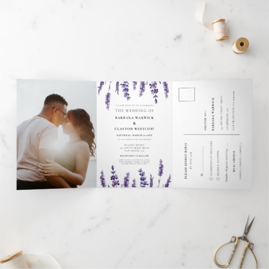 エレガントフローララベンダーが一つ結婚で 三つ折り招待状 (内部)