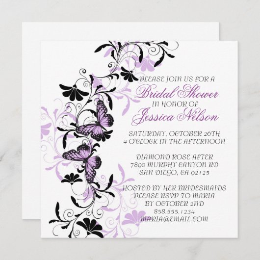エレガントフローララベンダーバタフライブライダルシャワー 招待状 (正面/裏面)