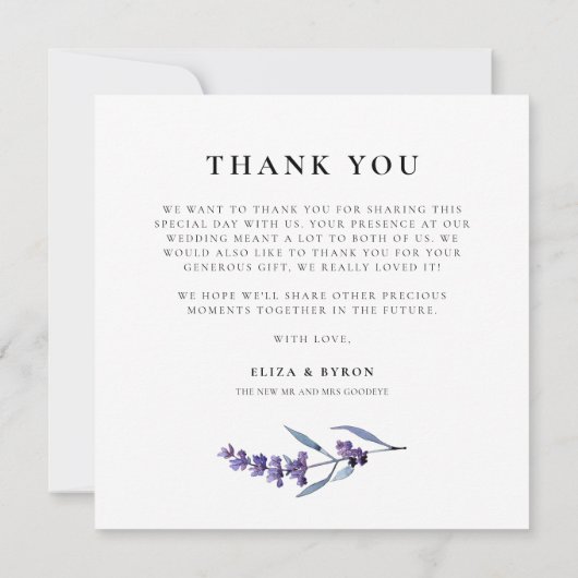 エレガントフローララベ結婚ンダーの正方形の写真 サンキューカード (裏面)