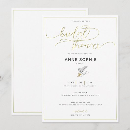 エレガントフローラリリー金ゴールド書道ブライダルシャワー 招待状 (正面/裏面)