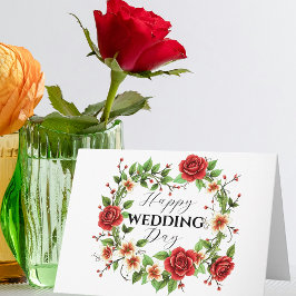 エレガントフローラリースとレッドローズ結婚ズ カード