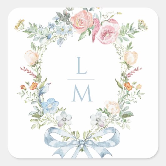 エレガントフローラリースの紋章 | モノグラム結婚ス スクエアシール (正面)