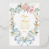 エレガントフローラリースの紋章 | モノグラム結婚ス 箔招待状 (正面)