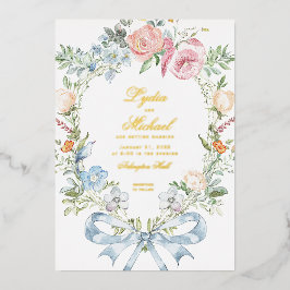 エレガントフローラリースの紋章 | モノグラム結婚ス 箔招待状