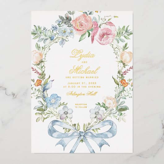 エレガントフローラリースの紋章 | モノグラム結婚ス 箔招待状 (正面)