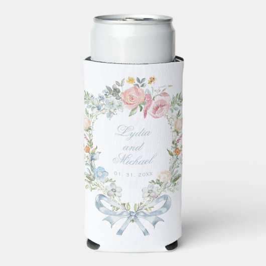 エレガントフローラリースクレストモノグラム結婚ズ スリム缶クーラー (Seltzer正面)