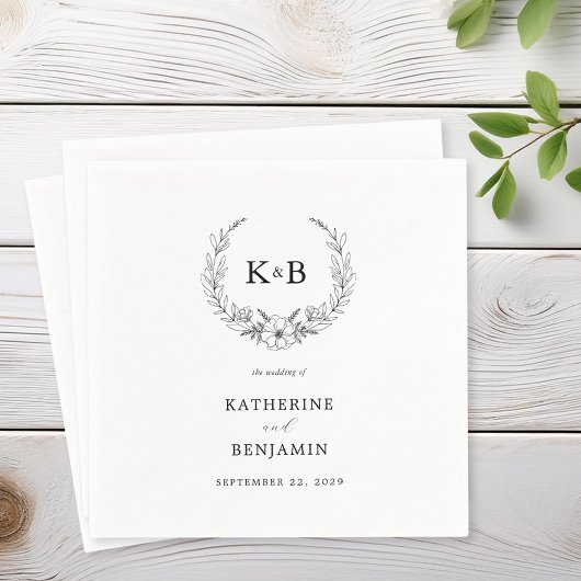 エレガントフローラリースモノグラ結婚ム スタンダードカクテルナプキン