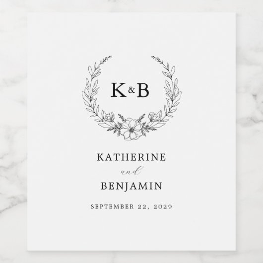 エレガントフローラリースモノグラ結婚ム ワインラベル (シングルラベル)