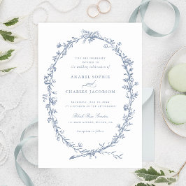 エレガントフローラリースヴィンテージダスティブルー結婚ズ 招待状