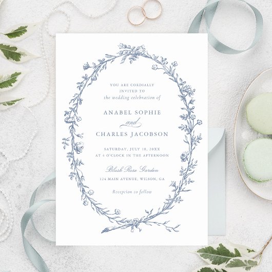 エレガントフローラリースヴィンテージダスティブルー結婚ズ 招待状