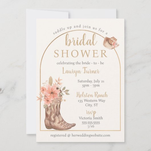 エレガントフローラルブーツカウガールブライダルシャワー 招待状 (正面)