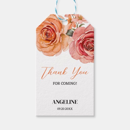 エレガントフローラレッドオレンジバラ誕生日ありがとう ギフトタグ (正面)