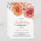エレガントフローラレッドオレンジバラ誕生日 招待状 (正面/裏面)