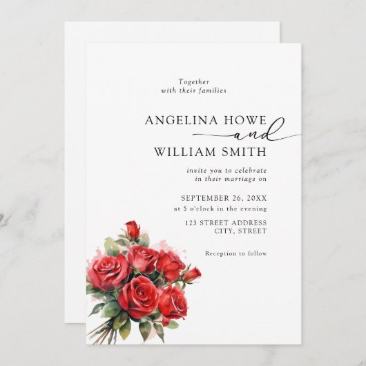 エレガントフローラレッド結婚・ローズ 招待状 (正面/裏面)