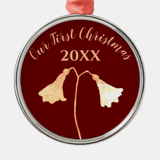 エレガントフローラレッド金ゴールドロマンチック初めてのクリスマス メタルオーナメント (正面)