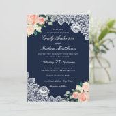 エレガントフローラレースネイビーピーチ結婚式招待状 招待状 (スタンド正面)