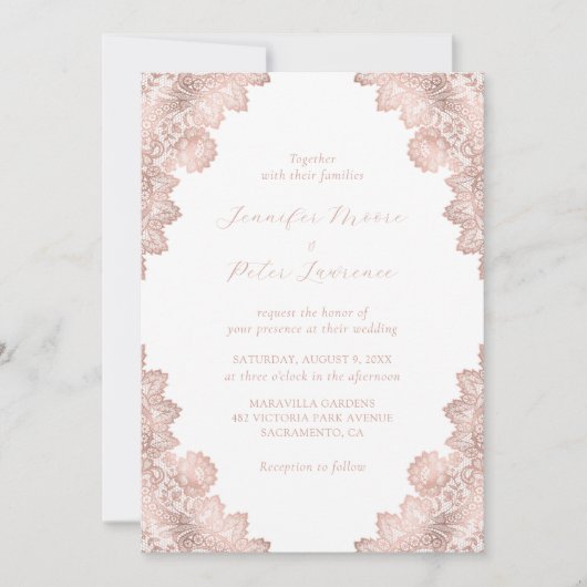 エレガントフローラレースバラ金ゴールド結婚式招待状 招待状 (正面)