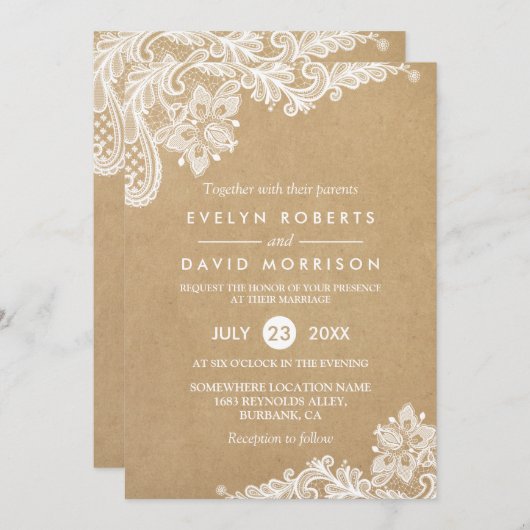エレガントフローラレースパターンクラフト |フォーマル結婚s 招待状 (正面/裏面)