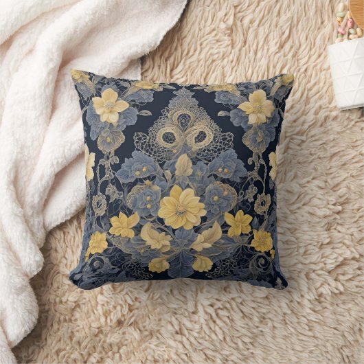 エレガントフローラレース効果黄色と青 クッション (ブランケット)