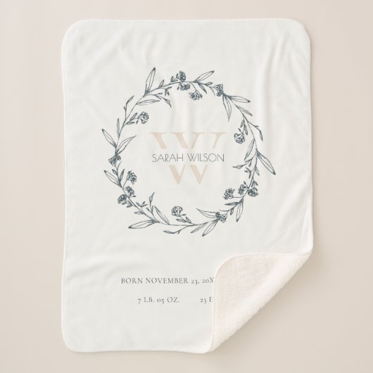エレガントフローラローレルリースモノグラムベビー統計 シェルパブランケット (正面)