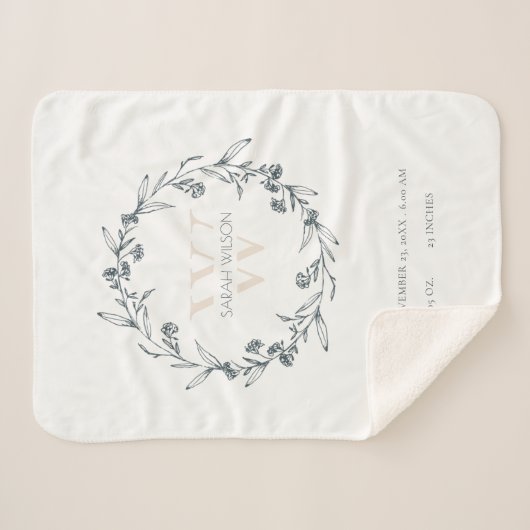 エレガントフローラローレルリースモノグラムベビー統計 シェルパブランケット (正面(横))