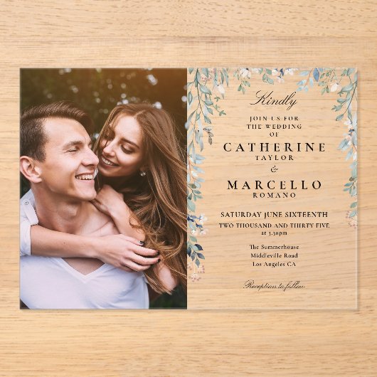 エレガントフローラワイルドフラワー写真結婚の アクリル招待状 (正面)