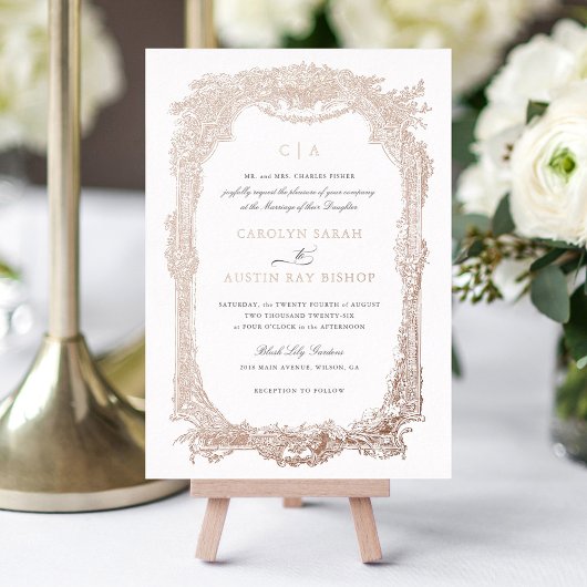 エレガントフローラヴィンテージオーナメントフレ結婚ーム金ゴールド 箔招待状