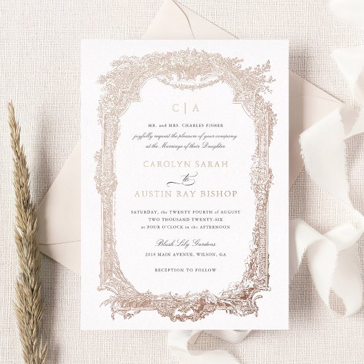 エレガントフローラヴィンテージオーナメントフレ結婚ーム金ゴールド 箔招待状