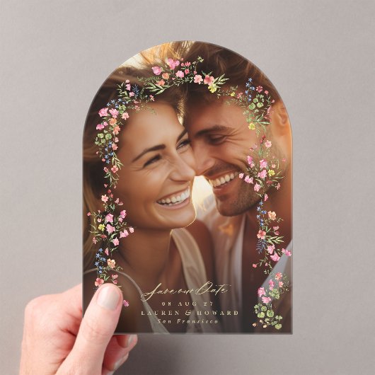 エレガントフローラ写真アーチは日付を結婚保存 アクリル招待状 (インサイチュ (ポータブル))