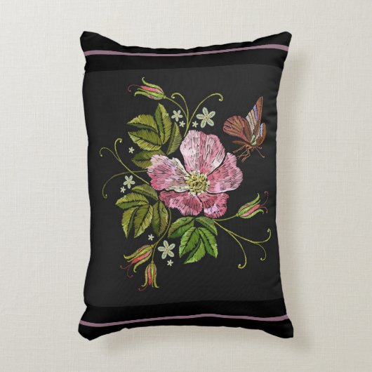 エレガントフローラ刺繍模様ブラック背景 アクセントクッション (正面(垂直))